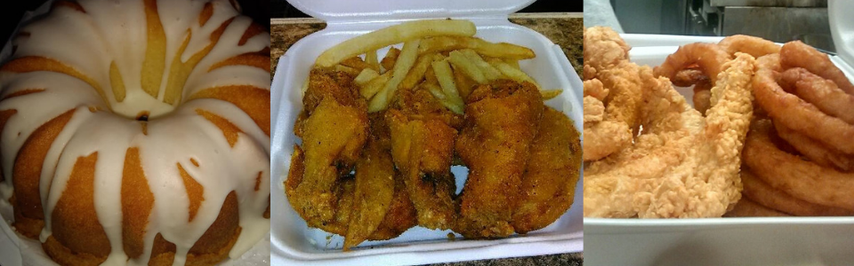 Fried fish, chicken tenders and cake 